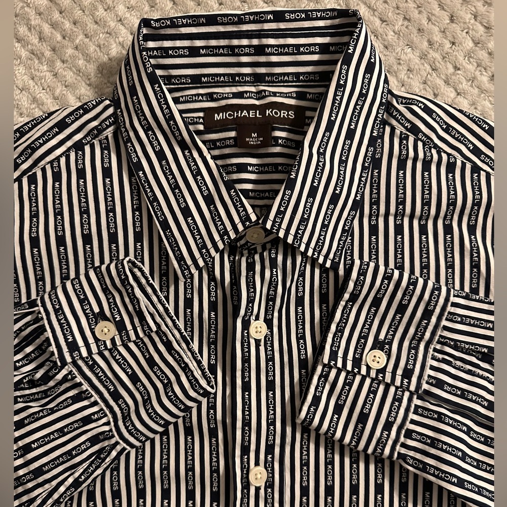 Michael Kors Logo Printed Striped Button Down Navy  and White Dress Shirt Medium
